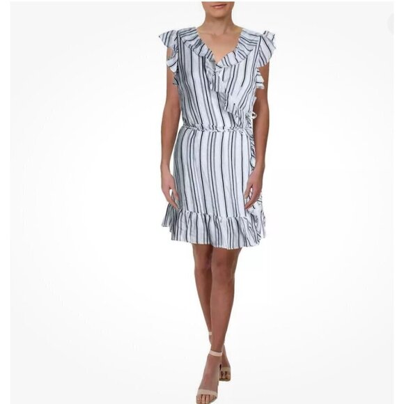 Aqua Ruffle Mini Wrap Dress Flutter Sleeve Navy White Striped Women's Size‎ M - Picture 1 of 10